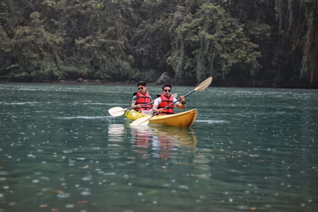 two men canoeing on the lake